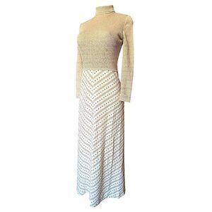 Vintage Robert W. Gates Cream and Gold Long Sleeve Turtleneck Dress Maxi Dress